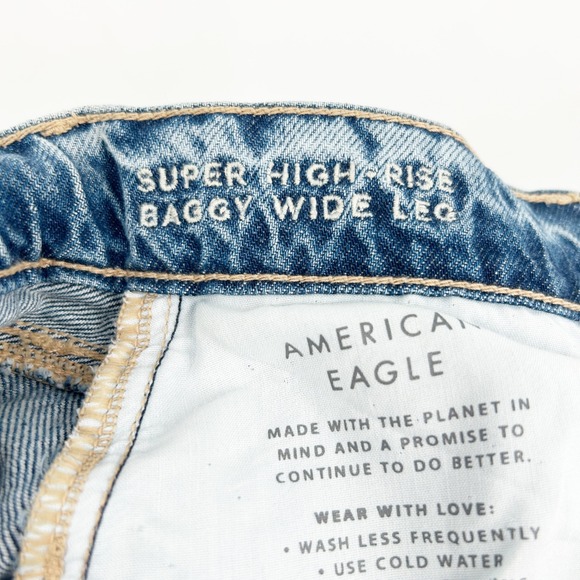 American Eagle Womens Super High Rise Baggy Wide Leg Raw Hem Blue Denim Jeans - Picture 7 of 9